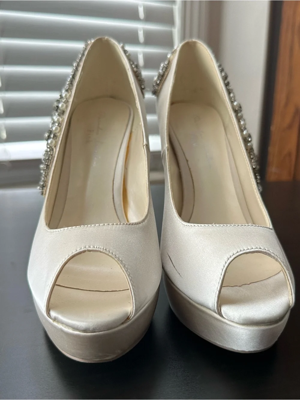 Paradox London Pink Satin Ivory Peep-Toe Platform Heels with Crystal Trim